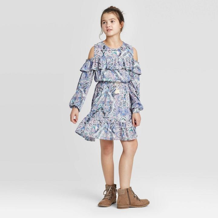 Girls' Long Sleeve Cold Shoulder Woven Dress - Art Class S, Girl's, Size: