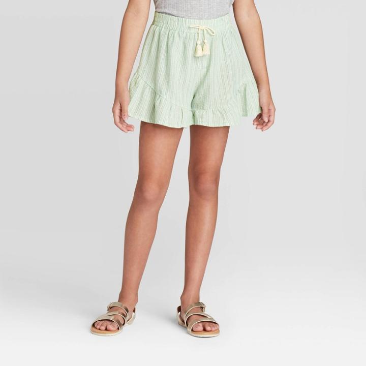 Girls' Ruffle Striped Shorts - Art Class Green