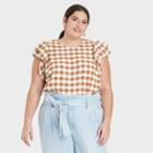 Women's Plus Size Gingham Checks Ruffle Short Sleeve Linen Top - A New Day Brown