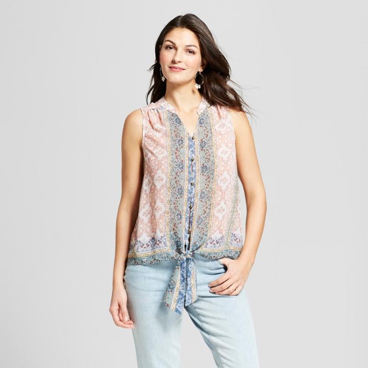 Women's Border Print Tie Front Tank - Knox Rose Blush