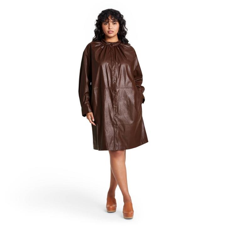Women's Plus Size Long Sleeve Faux Leather Button-down Dress - Rachel Comey X Target Dark Brown