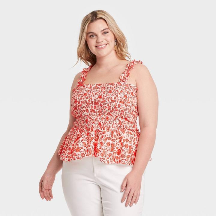 Women's Plus Size Floral Print Smocked Tank Top - Universal Thread Red