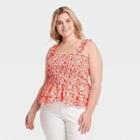 Women's Plus Size Floral Print Smocked Tank Top - Universal Thread Red