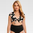 Beach Betty By Miracle Brands Women's Slimming Control Floral Cropped Tie Front Bikini Swim Top - Black/pink - Xl - Beach Betty By
