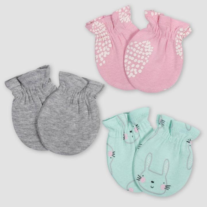 Gerber Baby Girls' 3pk Bunny Mittens - Green/pink/gray