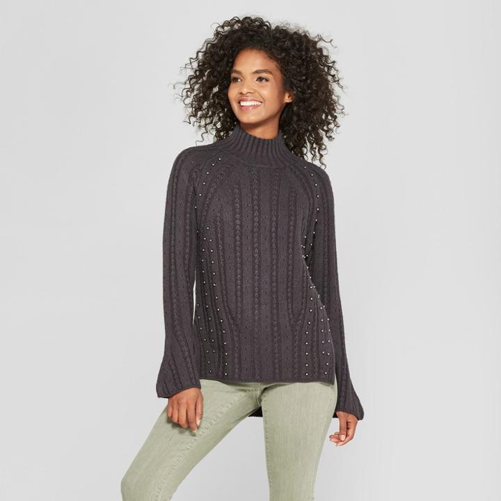 Women's Long Sleeve Pearl Embellished Mock Neck Sweater - Cliche Gray