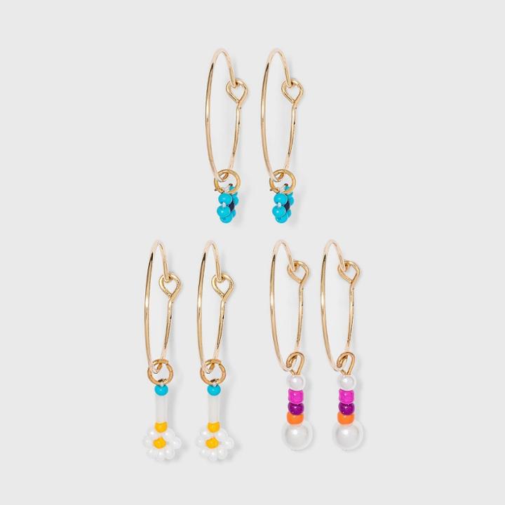Beaded Flower Charm Hoop Earring Set 3pc - Wild Fable , Gold/grey/nickel