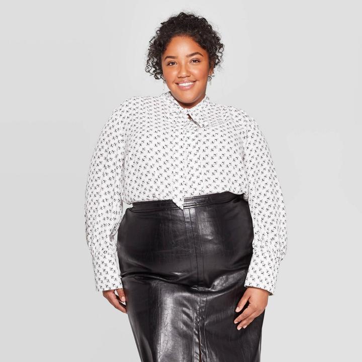 Women's Plus Size Long Sleeve Collared Tie-neck Blouse - Ava & Viv Ivory 2x, Women's, Size: