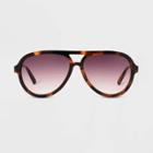 Women's Tortoise Print Shiny Plastic Metal Aviator Sunglasses - Universal Thread Dark Brown