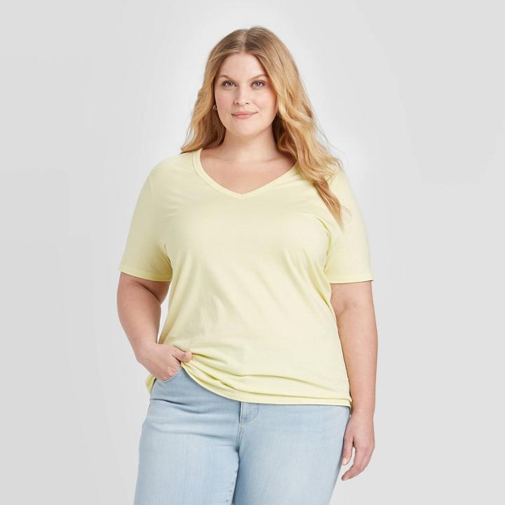 Women's Plus Size Short Sleeve V-neck Slim Fit T-shirt - Ava & Viv Yellow 1x, Women's,