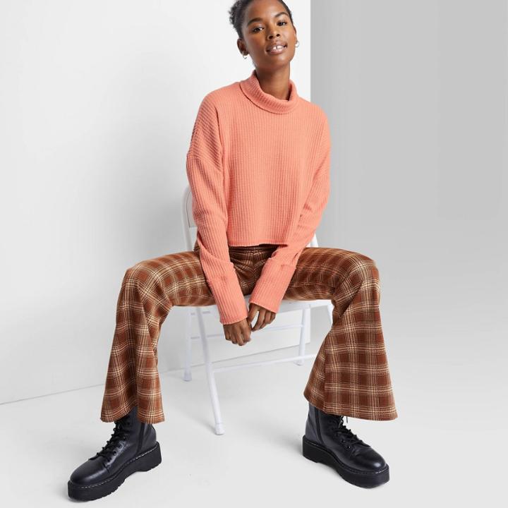 Women's Long Sleeve Turtleneck Cozy Boxy Cropped T-shirt - Wild Fable Peach Orange