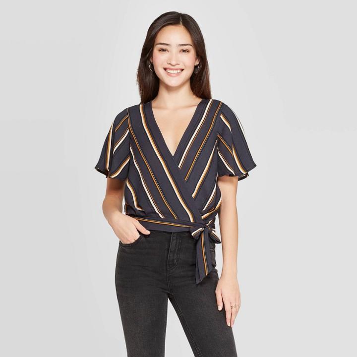 Petitewomen's Striped Short Sleeve V-neck Wrap Top - Xhilaration Deep Teal