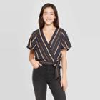 Petitewomen's Striped Short Sleeve V-neck Wrap Top - Xhilaration Deep Teal