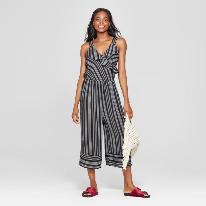 Women's Strappy Ruffle Wrap Striped Cropped Jumpsuit - Xhilaration Black/white