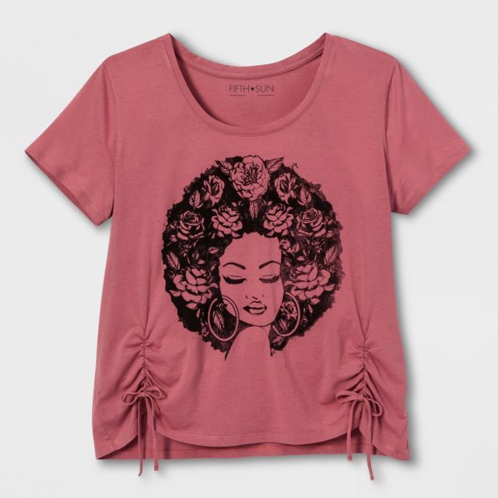 Fifth Sun Plus Size Women's Plus Short Sleeve Floral Hair Cinch T-shirt - Faded Rose