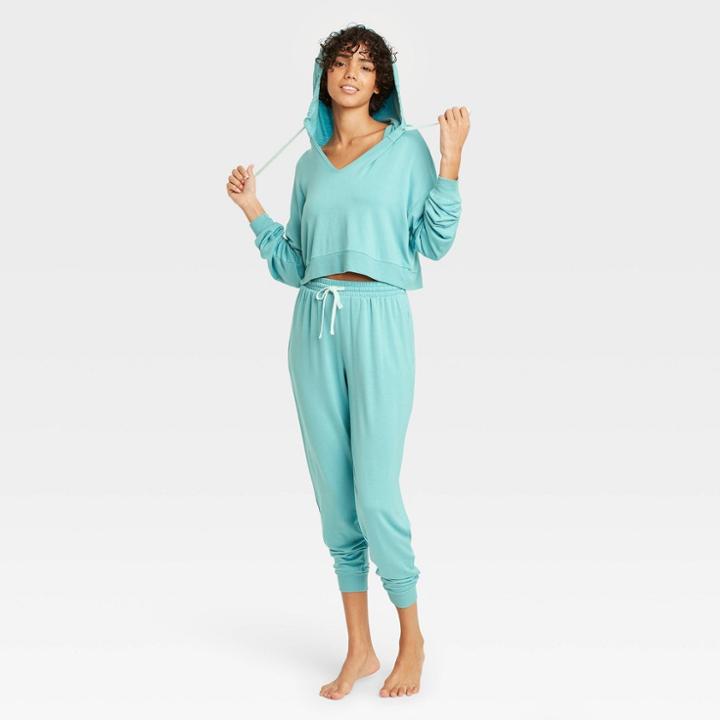 Women's French Terry Cropped Lounge Hoodie - Colsie Blue