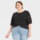 Women's Plus Size Elbow Sleeve Lace Puff Sleeve Knit Blouse - Ava & Viv Black X