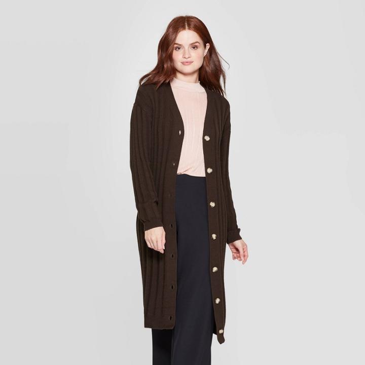 Women's Long Sleeve V-neck Ribbed Boyfriend Cardigan - Prologue Olive Xs, Women's, Green