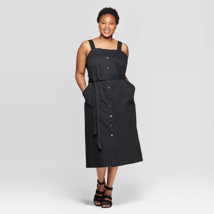 Women's Plus Size Sleeveless Square Neck Button-front Belted Dress - Universal Thread Black