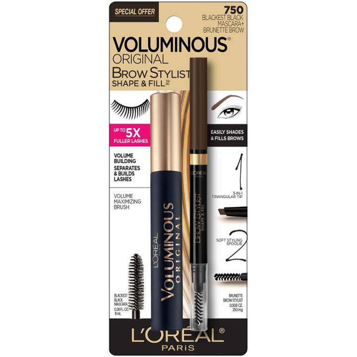 L'oreal Paris Voluminous Mascara And Brow Stylist Cosmetic Set, Black/brown