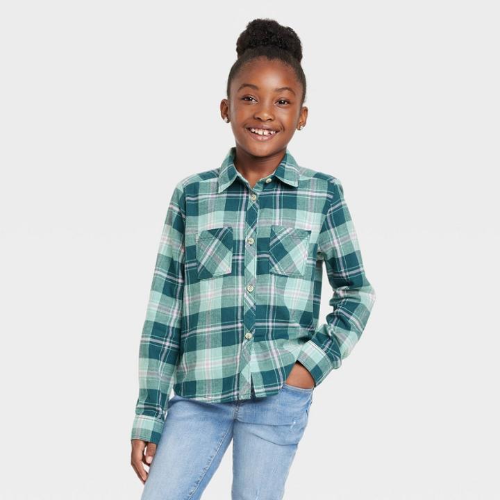 Girls' Long Sleeve Button-down Shirt - Cat & Jack Dark Green