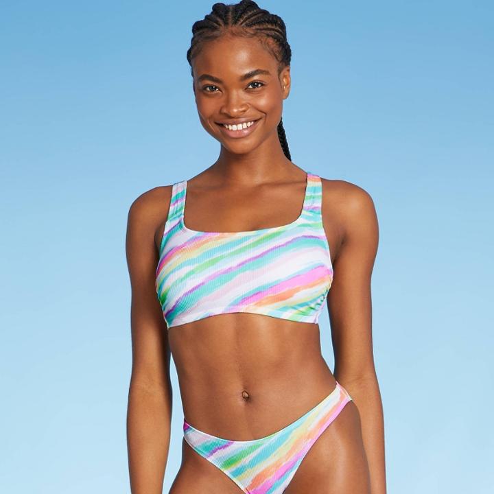 Juniors' Ribbed Square Neck Bralette Bikini Top - Xhilaration Multi Tie-dye Stripe D/dd Cup