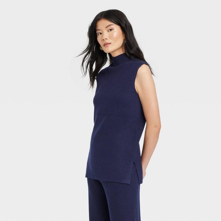 Women's Mock Turtleneck Ribbed Sweater Vest - A New Day Navy Blue