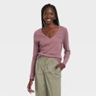 Women's Long Sleeve V-neck Ribbed T-shirt - A New Day Purple