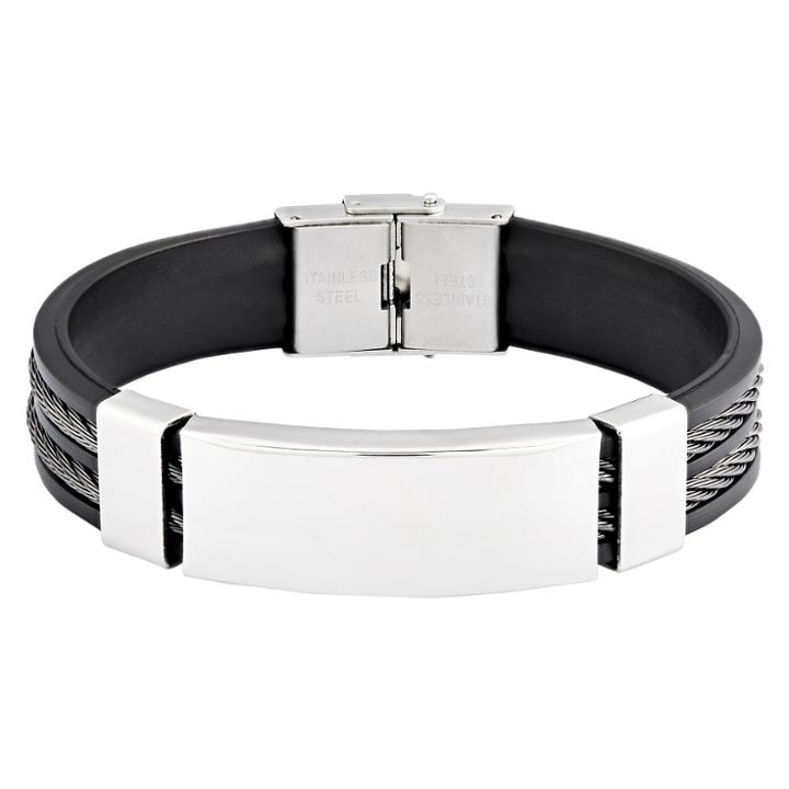 West Coast Jewelry Men's Hematite Stainless Steel Cable Inlay Id Rubber Bracelet (15mm) - Black/silver