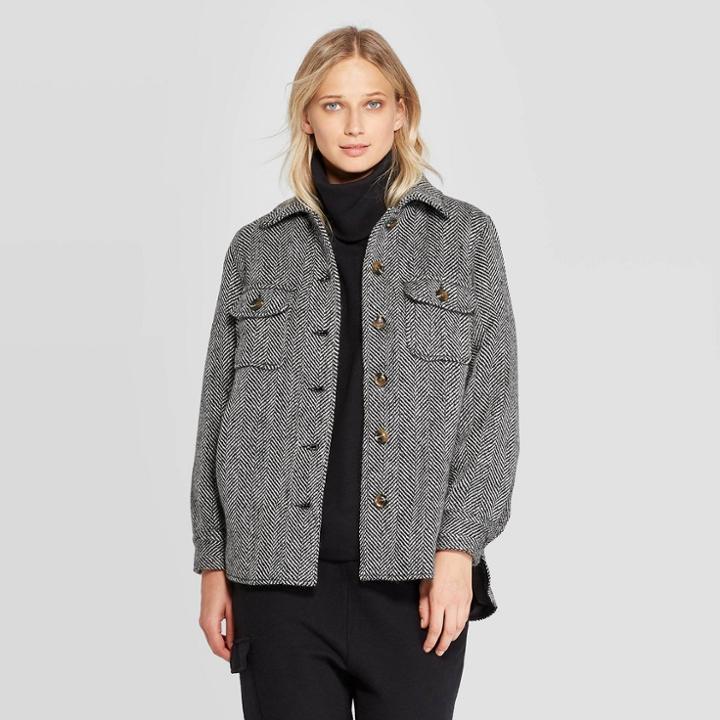 Women's Long Sleeve Turnover Collar Front Button-down Chevron Jacket - Who What Wear Black/white