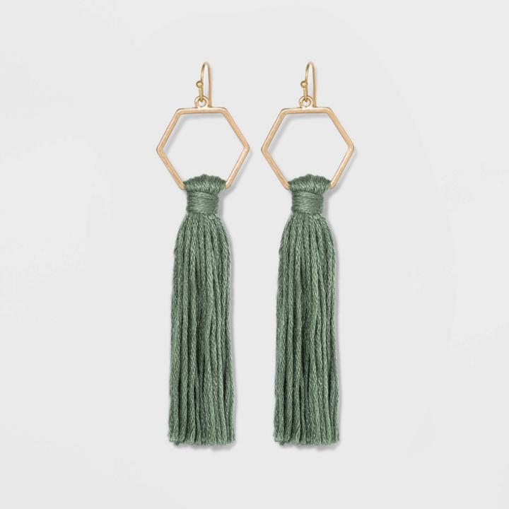 Open Hexagon And Tassel Earrings - Universal Thread Green
