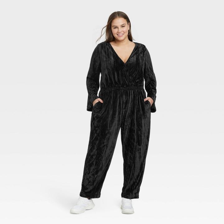 Women's Plus Size Bell Long Sleeve Velour Jumpsuit - A New Day Black