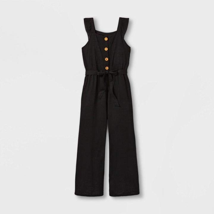 Girls' Ruffle Strap Button-front Short Sleeve Jumpsuit - Art Class Black