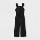 Girls' Ruffle Strap Button-front Short Sleeve Jumpsuit - Art Class Black