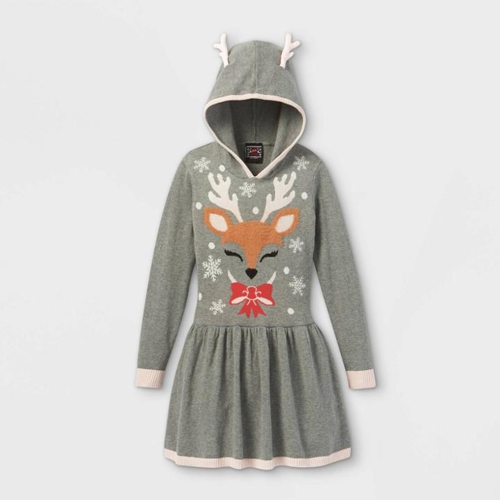 Well Worn Girls' Reindeer Hooded Sweater Dress - Gray