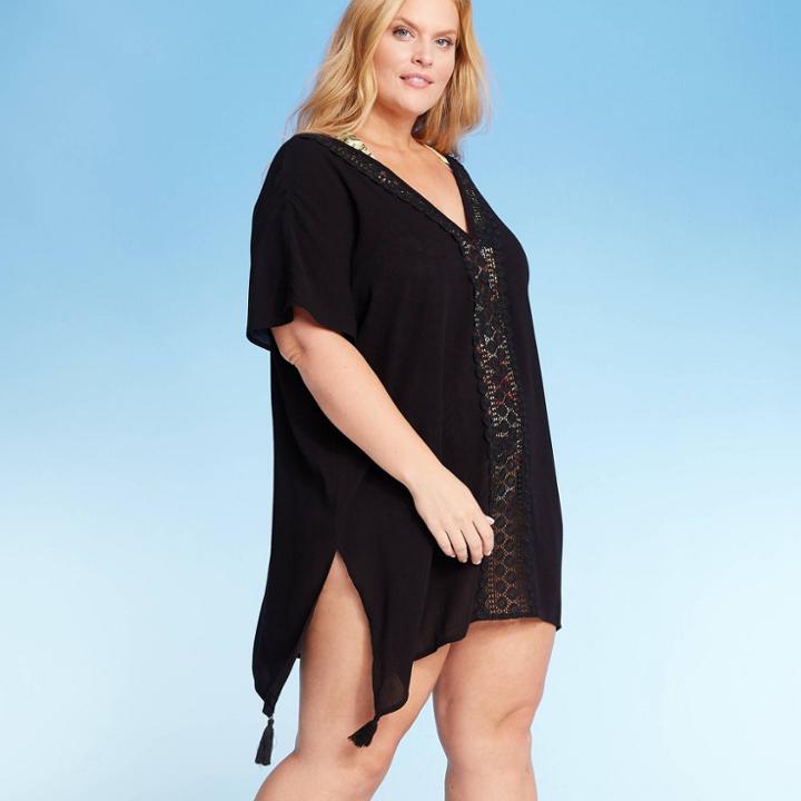 Women's Plus Size Crochet Insert Cover Up Dress - Kona Sol Black 1x, Women's,
