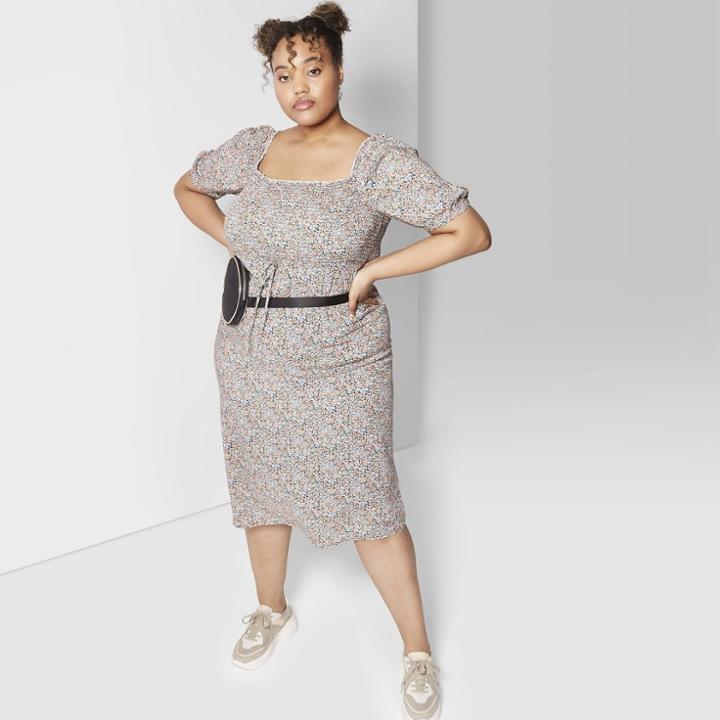 Women's Plus Size Floral Print Short Sleeve Smocked Top Midi Dress - Wild Fable Black/orange 1x,