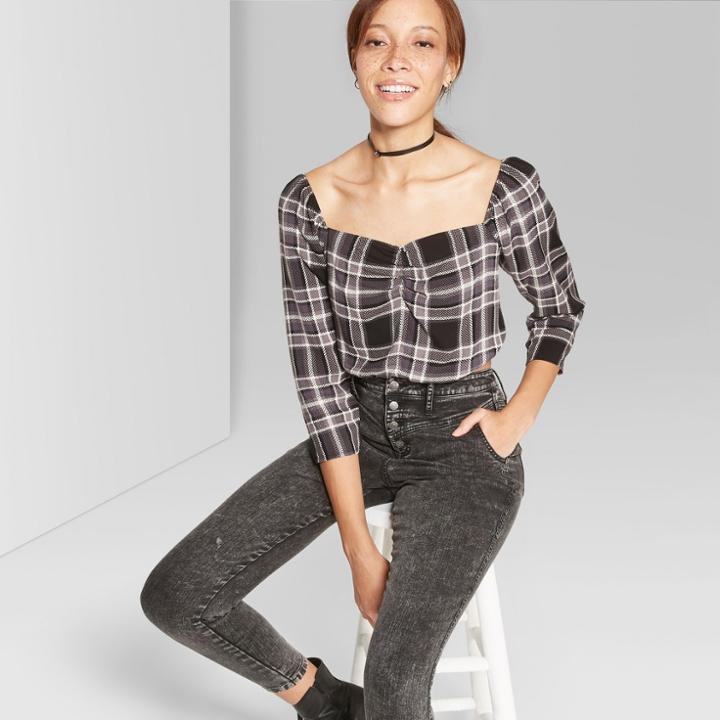 Women's Plaid Puff Long Sleeve Ruched Front Top - Wild Fable Black