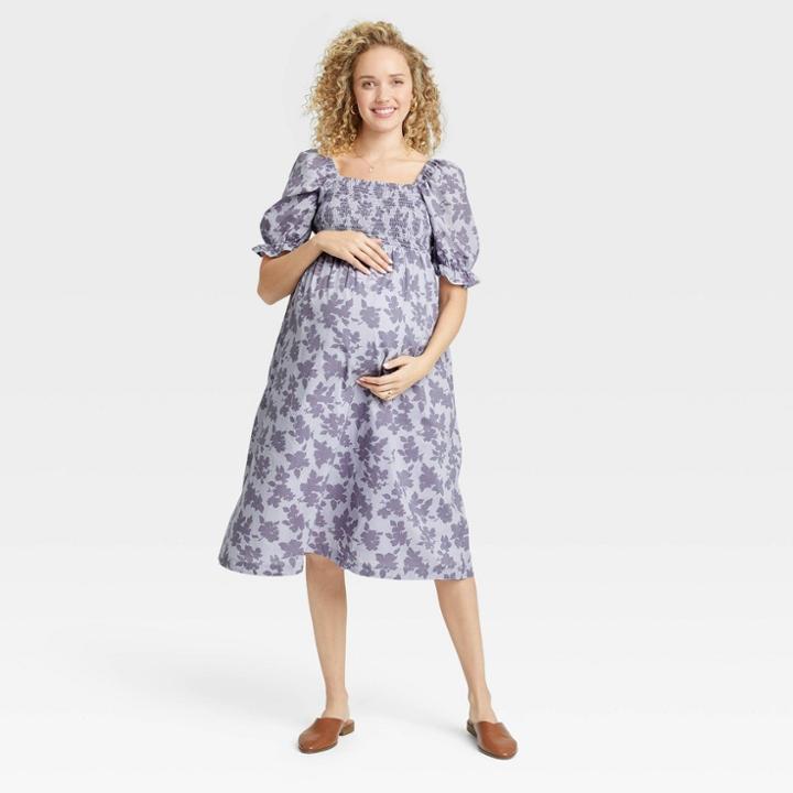 The Nines By Hatch Elbow Sleeve Cotton Maternity Dress Lilac Purple Floral