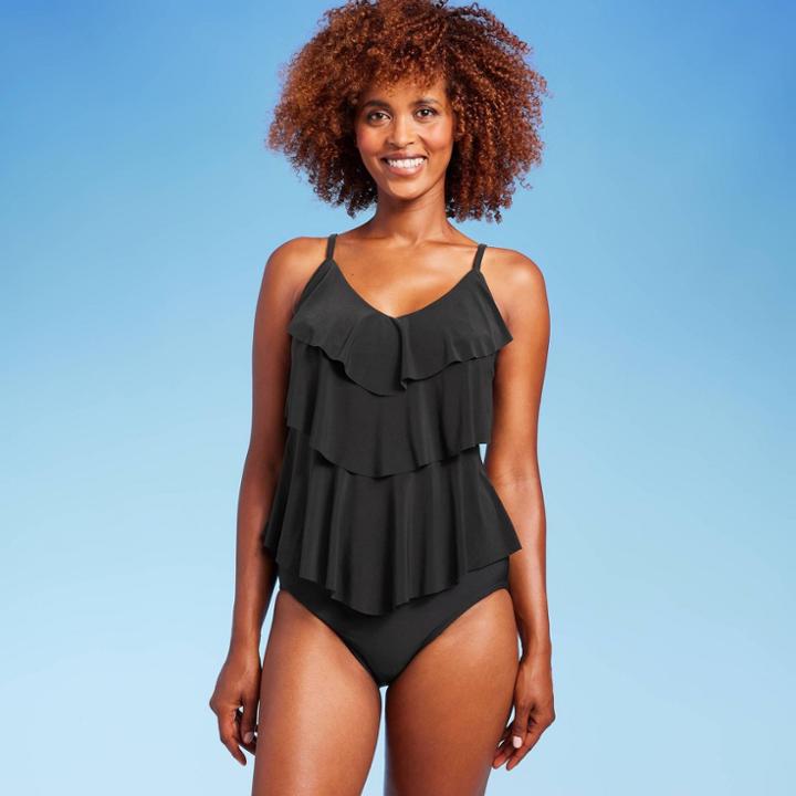 Women's Upf 50 Tiered Tankini Top - Aqua Green Black