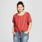 Women's Plus Size Striped Short Sleeve Tie Front T-shirt - Xhilaration Red
