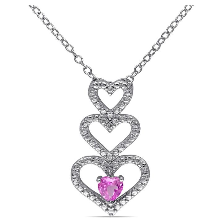 Target .25 Ct. T.w. Heart Shaped Created Pink Sapphire Tiered Heart Pendant Necklace In Sterling
