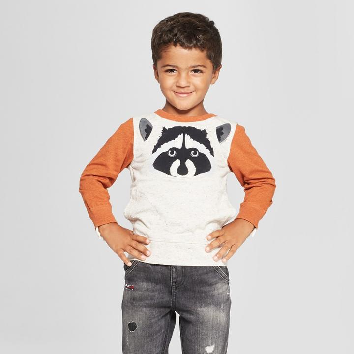 Genuine Kids From Oshkosh Toddler Boys' Raccoon Critter Face Long Sleeve Crew Sweatshirt - Rust/cream