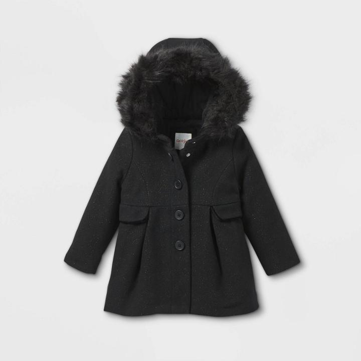 Toddler Girls' Faux Wool Hooded Coat - Cat & Jack Black