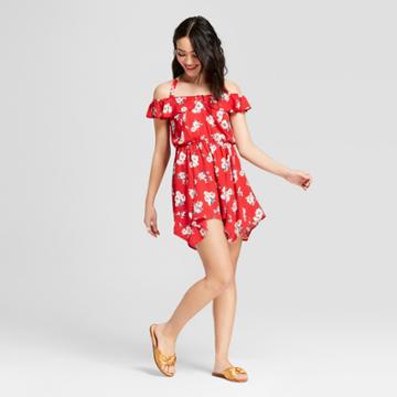 Women's Floral Print Tie Back Ruffle Romper - Almost Famous (juniors') Red