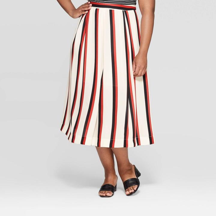 Women's Plus Size Striped Mid-rise Safari Paneled Midi Skirt - Who What Wear White