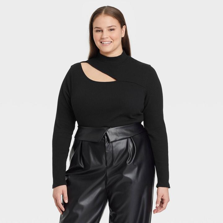 Women's Plus Size Long Sleeve Shoulder Slit Top - Who What Wear Jet Black