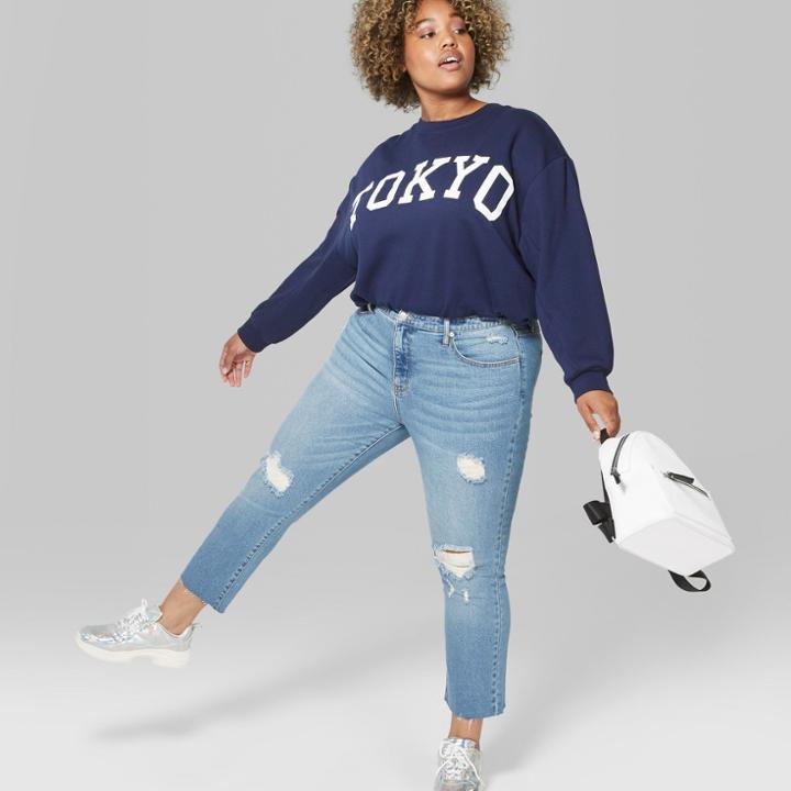 Plus Size Women's Plus High-rise Medium Wash Destructed Kick Flare Jeans - Wild Fable Sky Write Blue