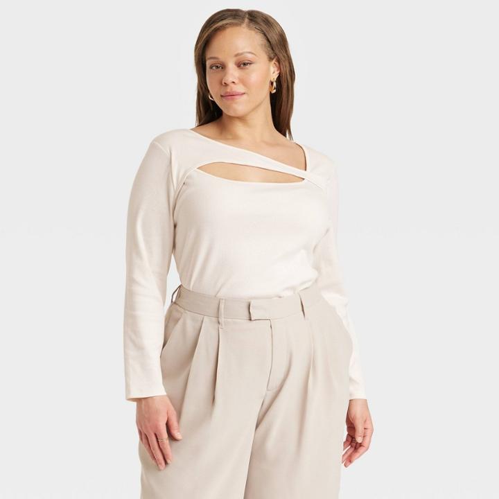 Women's Plus Size Long Sleeve Slim Fit T-shirt - A New Day Cream