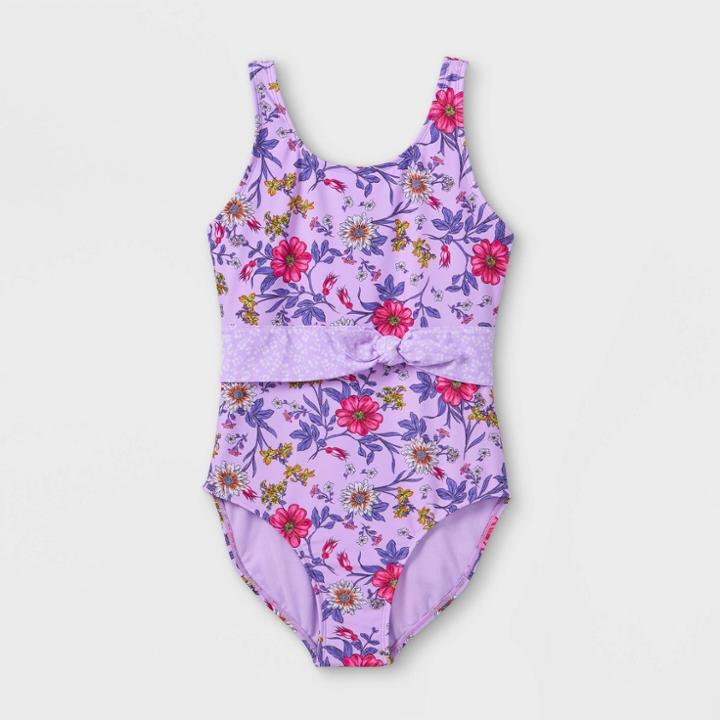 Girls' Retro Floral Print Tie-waist One Piece Swimsuit - Art Class Lavender